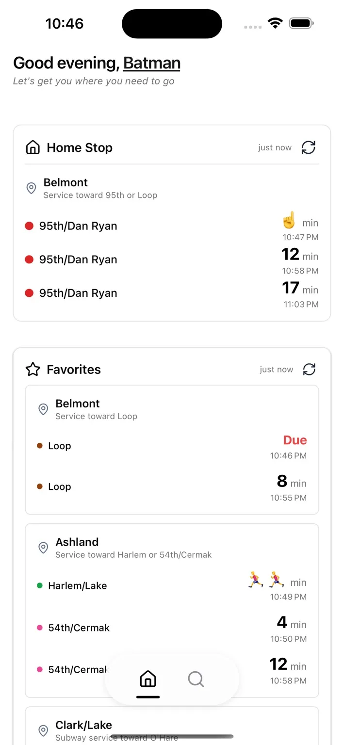 ChiTrack app showing train arrivals